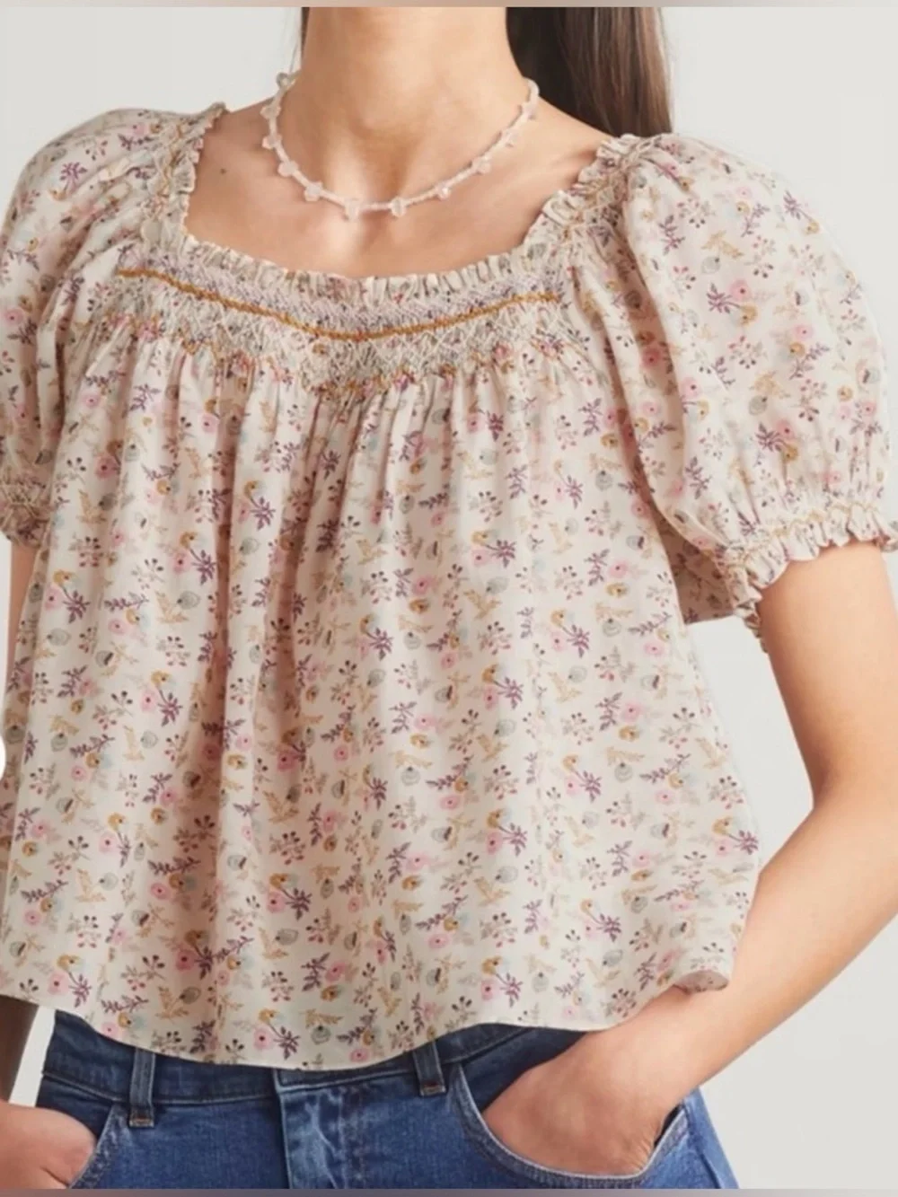 Doen Cream Floral Smocked Square-Neck Blouse